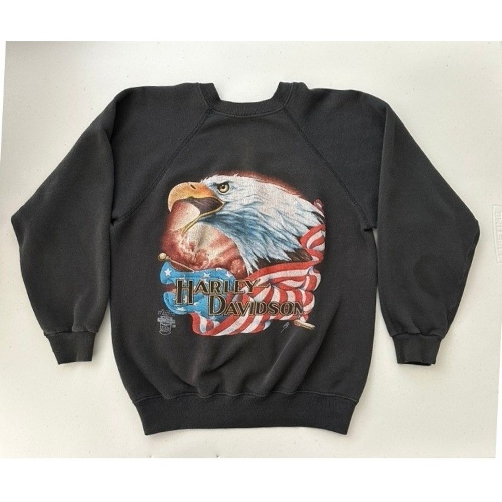 Vintage Harley Davidson 3D Emblem Eagle Flag Sweatshirt Hanes S Motor City Black
